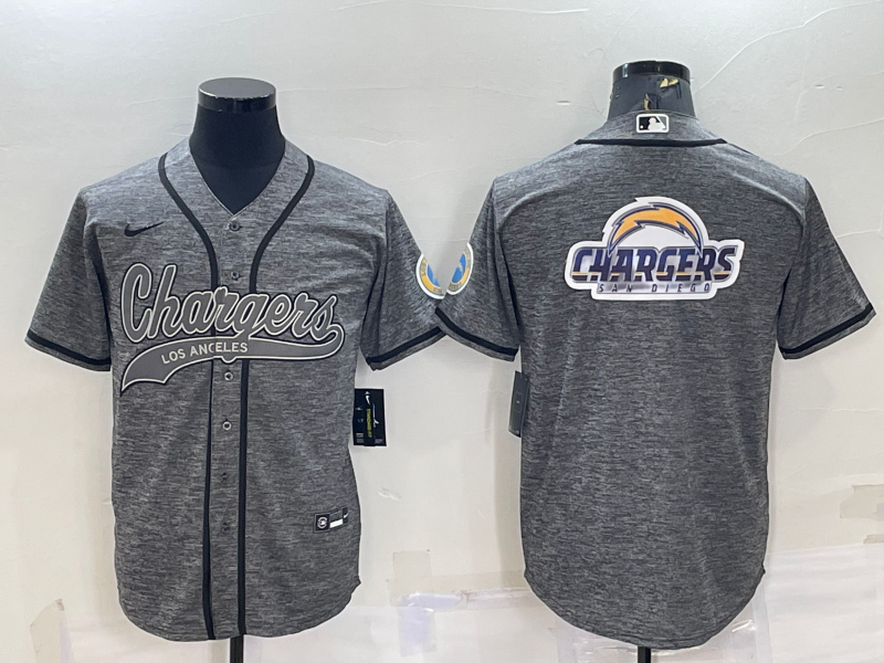 Men's Los Angeles Chargers Grey Team Big Logo With Patch Cool Base Stitched Baseball Jersey